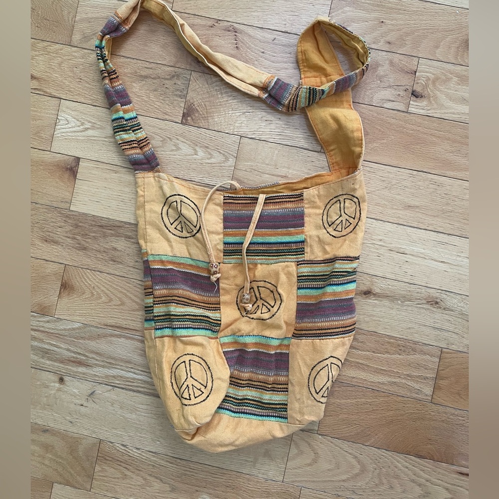 Bohemian Yellow Peace Sign Shoulder Bag Vintage 70’s